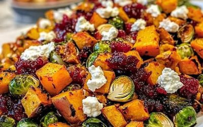 Glaseerattu paahdettu kurpitsa-, ruusukaali- ja bataattisalaatti karpaloilla ja vuohenjuustolla  Katso lisää ohjeita ensimmäisestä kommentista 👇😍👇