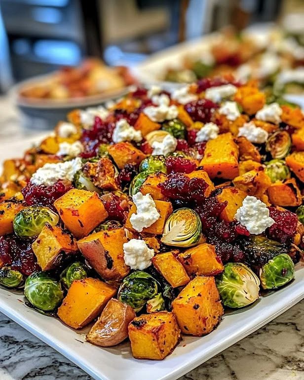 Glaseerattu paahdettu kurpitsa-, ruusukaali- ja bataattisalaatti karpaloilla ja vuohenjuustolla  Katso lisää ohjeita ensimmäisestä kommentista 👇😍👇